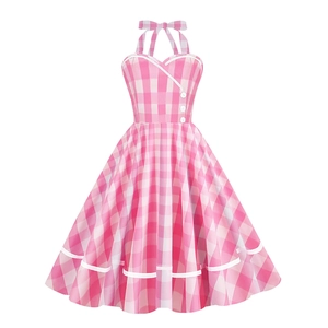 Vintage Halter Midi Dress Women Pink White Gingham Check Pattern A-Line Sleeveless Backless Summer Party Sundress