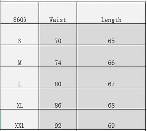 Detailed size guide table for retro casual skirt style 8606 with waist and length measurements