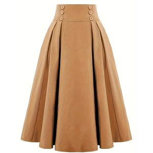 Classic khaki high waist A-line midi skirt with side buttons and elegant pleated design