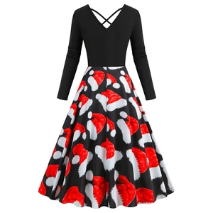 Detail of cross V-neckline and waist design on Christmas print A-line dress