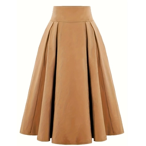 Detail shot of camel brown high-waisted pleated A-line skirt with smooth faux leather texture