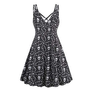 Close-up of gothic V-neck dress featuring spider web and skull print with crisscross straps