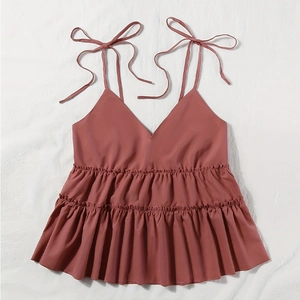Women's pink V-neck camisole with bow straps and layered ruffle hem sweet summer top