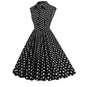 Detailed view of retro black and white polka dot dress with collar and button details