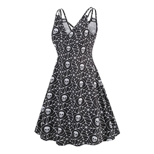 Detail view of the V-neck Halloween dress with white skull and spider web print on black