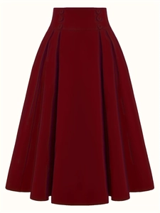 Detail shot of the high waist pleated A-line skirt with decorative buttons in wine red