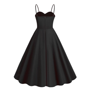 Back view of a 1950s retro black swing dress with high waist and A-line silhouette