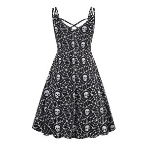 Detail of Gothic A-line dress featuring skull and spider web print on black fabric