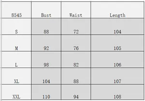 Detailed size chart for the off-shoulder dress featuring bust, waist, and length measurements
