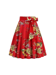 Women Vintage Polka Dot Floral A-Line Skirt High Waist With Bow Belt Retro Elegant Printed Mid Length Flare Skirt