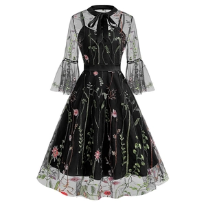 Vintage Gothic black mesh dress with colorful floral embroidery and bow neckline