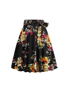 Vintage high waist A-line skirt with colorful floral print and matching bow belt