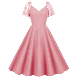 Pink vintage mesh patchwork A-line Audrey Hepburn cocktail dress with puffy flared skirt
