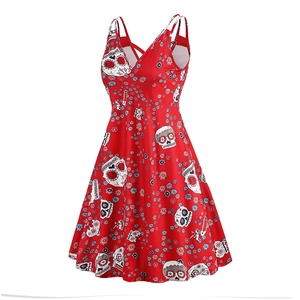 Detail of red V-neck dress featuring sugar skull and floral prints for Halloween