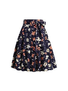 Women's vintage floral high-waist A-line skirt with belt in dark blue with orange pattern