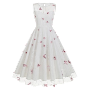 Close-up of white mesh sleeveless dress with pink 3D butterfly floral embroidery