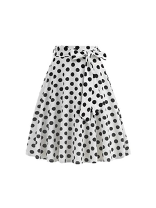Vintage high waist A-line midi skirt with black polka dots and matching bow belt decoration