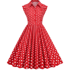 Vintage 1950s red polka dot sleeveless swing dress with lapel collar and button detail