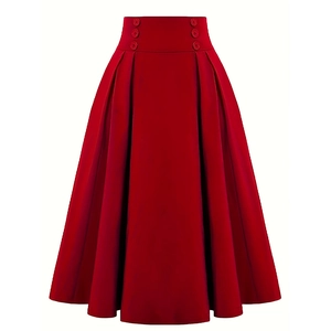 Vintage high-waisted red pleated midi skirt with decorative button accents on waistband