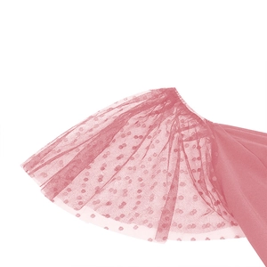 Detail of pink mesh fabric with Swiss dots on the sleeve of this vintage Audrey dress