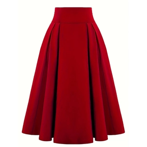 Detail view of the high-waisted red pleated A-line skirt with satin finish and wide waistband