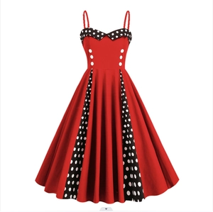 Women Vintage Hepburn Style Polka Dot Patchwork A-Line Swing Dress Spaghetti Strap Double Breasted Cotton Midi Party Dress