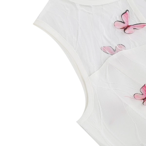 Detailed close-up of white lace fabric featuring pink gradient 3D butterfly embroidery