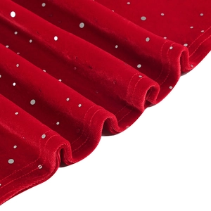 Détail du tissu en velours rouge avec paillettes argentées et coutures soignées
