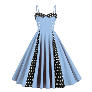 50s vintage light blue polka dot A-line swing dress with decorative buttons