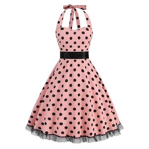 Pink polka dot vintage halter dress with black lace trim and satin waist belt