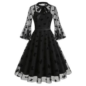 Vintage black mesh midi dress with butterfly embroidery, flared sleeves and ribbon waist