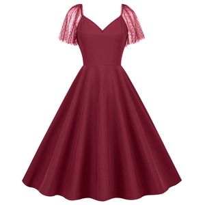 Elegant wine red vintage A-line dress with polka dot mesh sleeves and V-neckline