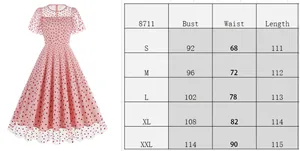 Size chart for pink mesh dress with heart patterns and vintage A-line design