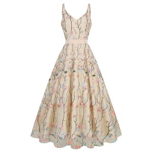 Elegant V-neck mesh maxi dress with floral embroidery and thin straps on white background