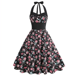 Women Vintage Retro Rose Floral Print Halter Neck Dress Elegant A Line Swing Waisted Midi Party Dress Polyester Vestidos