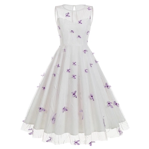 Elegant sleeveless white A-line dress featuring vibrant purple 3D butterfly embroidery