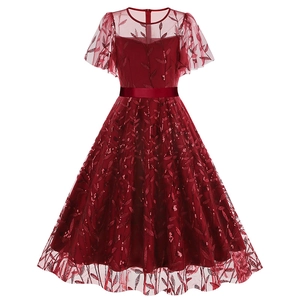 Elegant wine red mesh midi dress with leaf sequins, round neck and butterfly sleeves