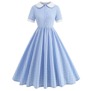Robe Midi Vintage Vichy pour Femmes Bleu Blanc à Carreaux Col Claudine Coupe Trapèze Manches Courtes Robe de Fête