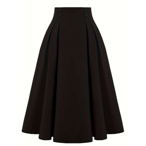 Classic black high waisted A-line pleated skirt with decorative buttons and wide hemline