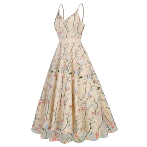 Detailed close-up of intricate floral embroidery on sheer mesh V-neck evening gown