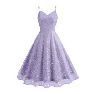 Elegantes lila Pailletten-Abendkleid mit V-Ausschnitt, Spaghettiträgern und A-Linie
