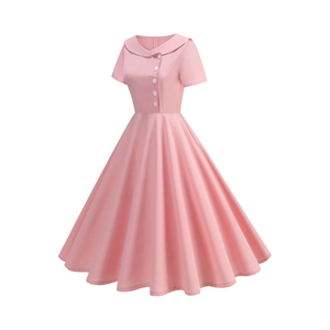 Detail of pink vintage dress showing Peter Pan collar and diagonal button closure