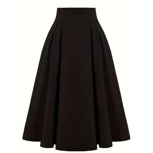 Close-up of black high-waisted pleated A-line skirt with wide waistband and wide pleats