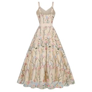 Champagne V-neck backless tulle maxi dress with colorful floral embroidery detail
