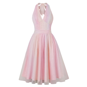 Vintage Pink Gradient Halter Sequin Dress For Women Retro Midi A-Line Cocktail Dress Elegant Sleeveless Evening Gown Party Dress