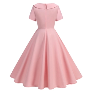 Detailed back view of pink vintage Hepburn dress featuring invisible zipper and A-line silhouette