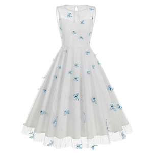 Sleeveless A-line tulle dress with blue butterfly embroidery and a classic round neck