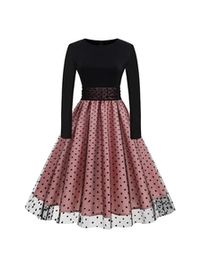Women Vintage Polka Dot Mesh Midi Dress Elegant Round Neck Long Sleeve Patchwork Audrey Hepburn A-Line Party Dress