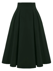 Detail view of high-waist A-line skirt featuring decorative side buttons and pleats