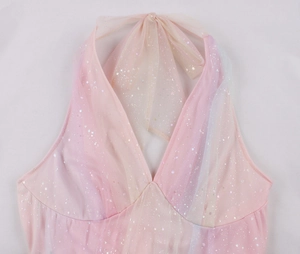 Detail of sequined halter neck dress with pink gradient tulle and deep V-neckline